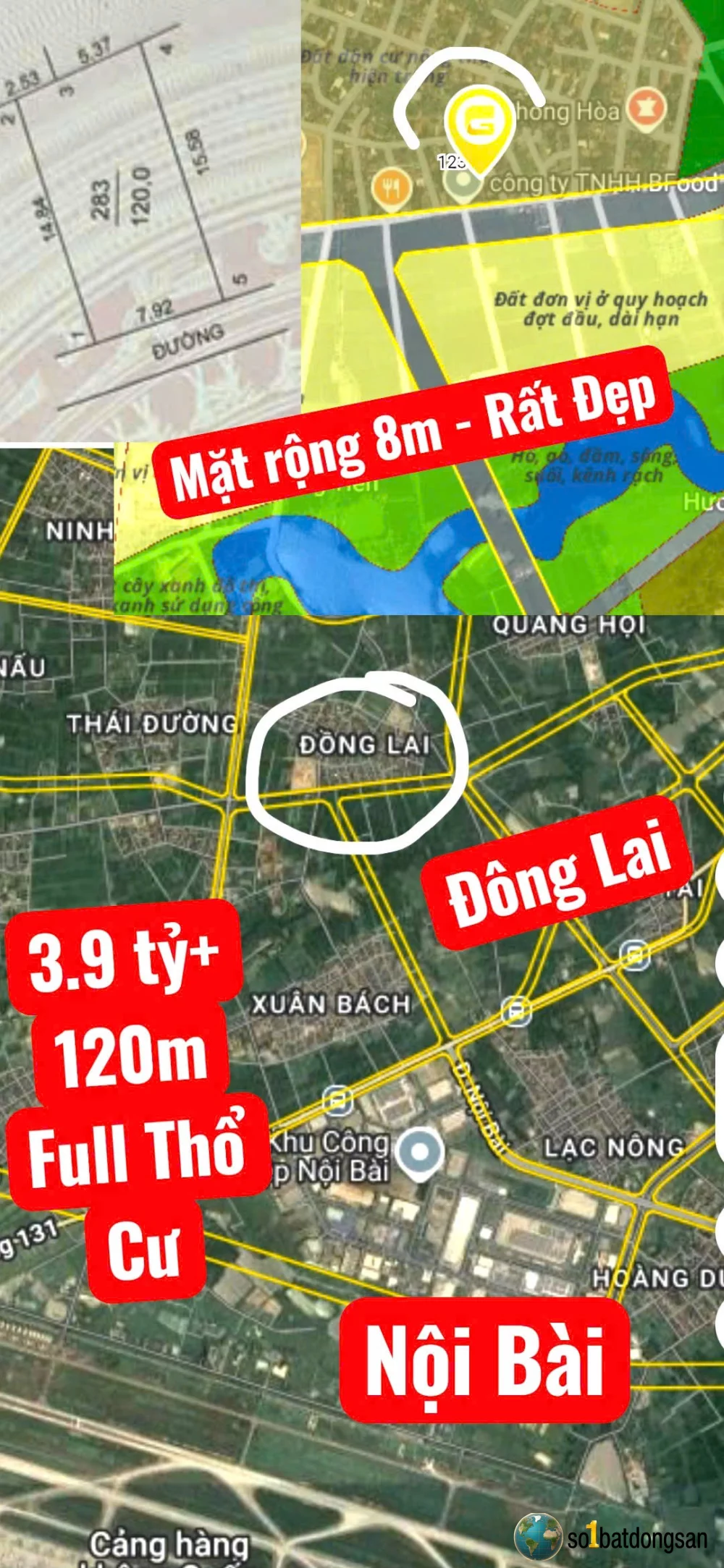 3.9x tỷ lô đất 120m full thổ cư mặt tiền rất rộng 8m ngay gần KCN và Sân Bay Nội Bài