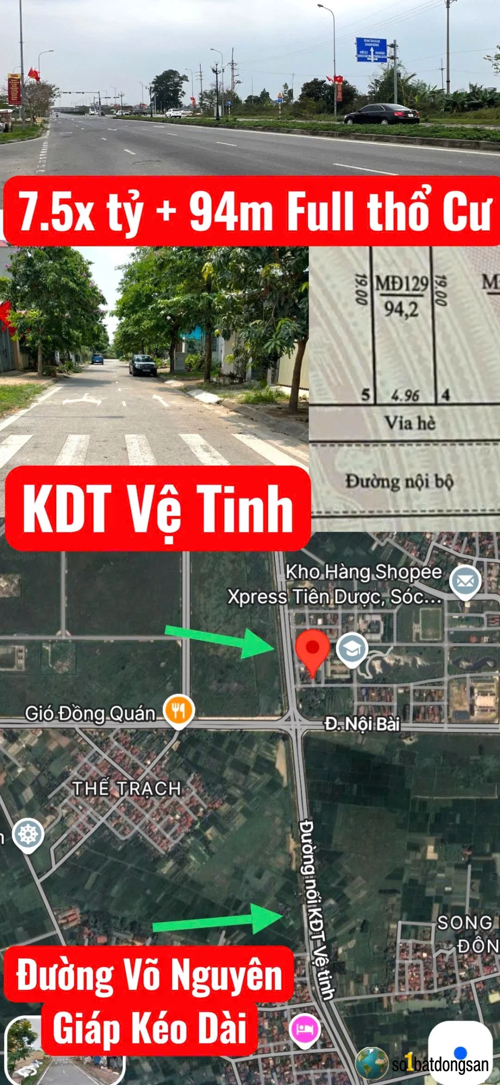 7.5x tỷ lô đất 94m Full thổ cư KDT vệ tinh Sóc Sơn, Gần 3 trường học, nhiêu công viên hồ và 3 KCN Nội Bài