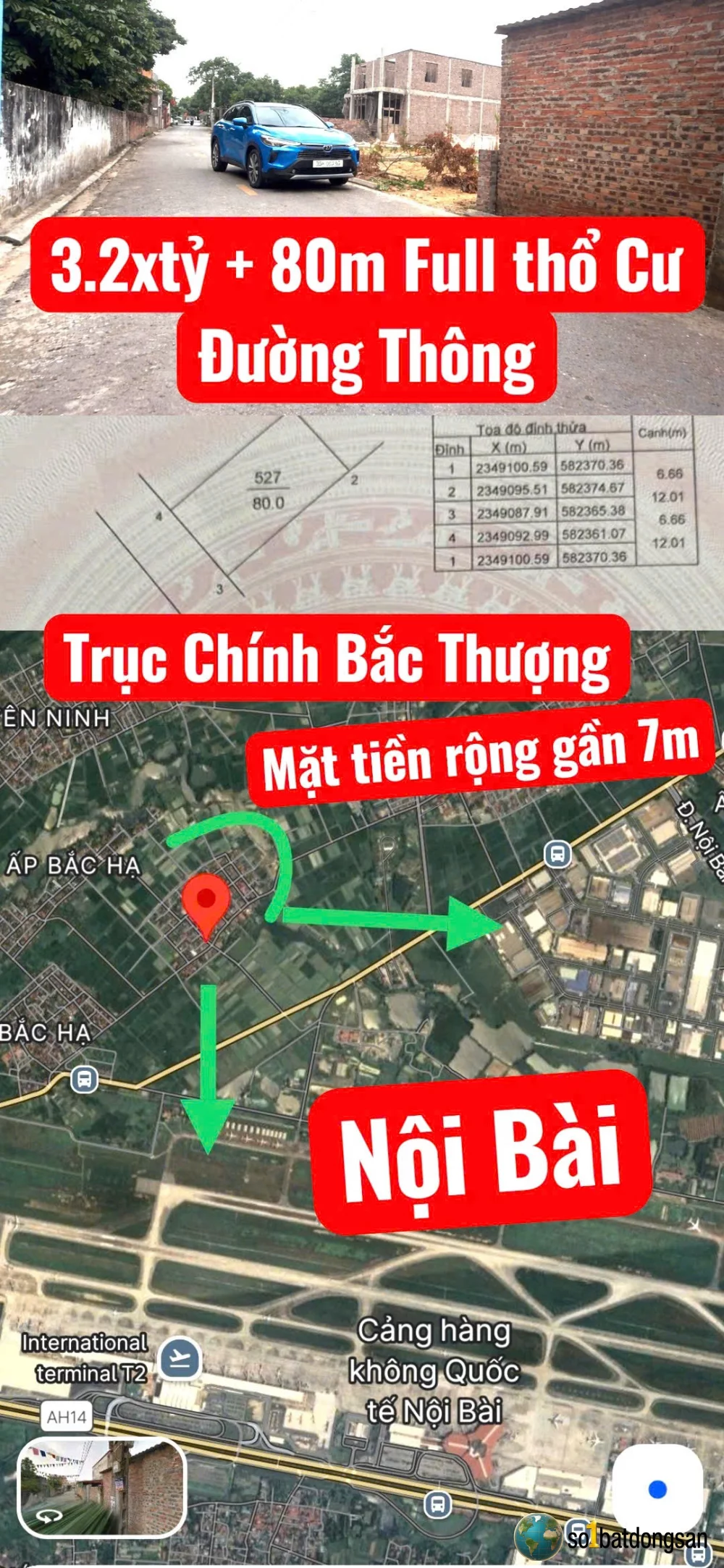 3.2x tỷ 80m Full thổ cư trục chính Bắc Thượng, Nội Bài Mặt tiền gần 7m quá OK, cạnh Sân bay và KCN Nội Bài