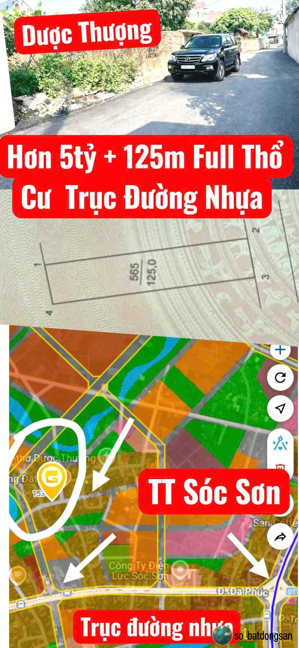 5.5x tỷ lô 125m full thổ cư Trục chính gần hồ Dược Thượng, TT Sóc Sơn