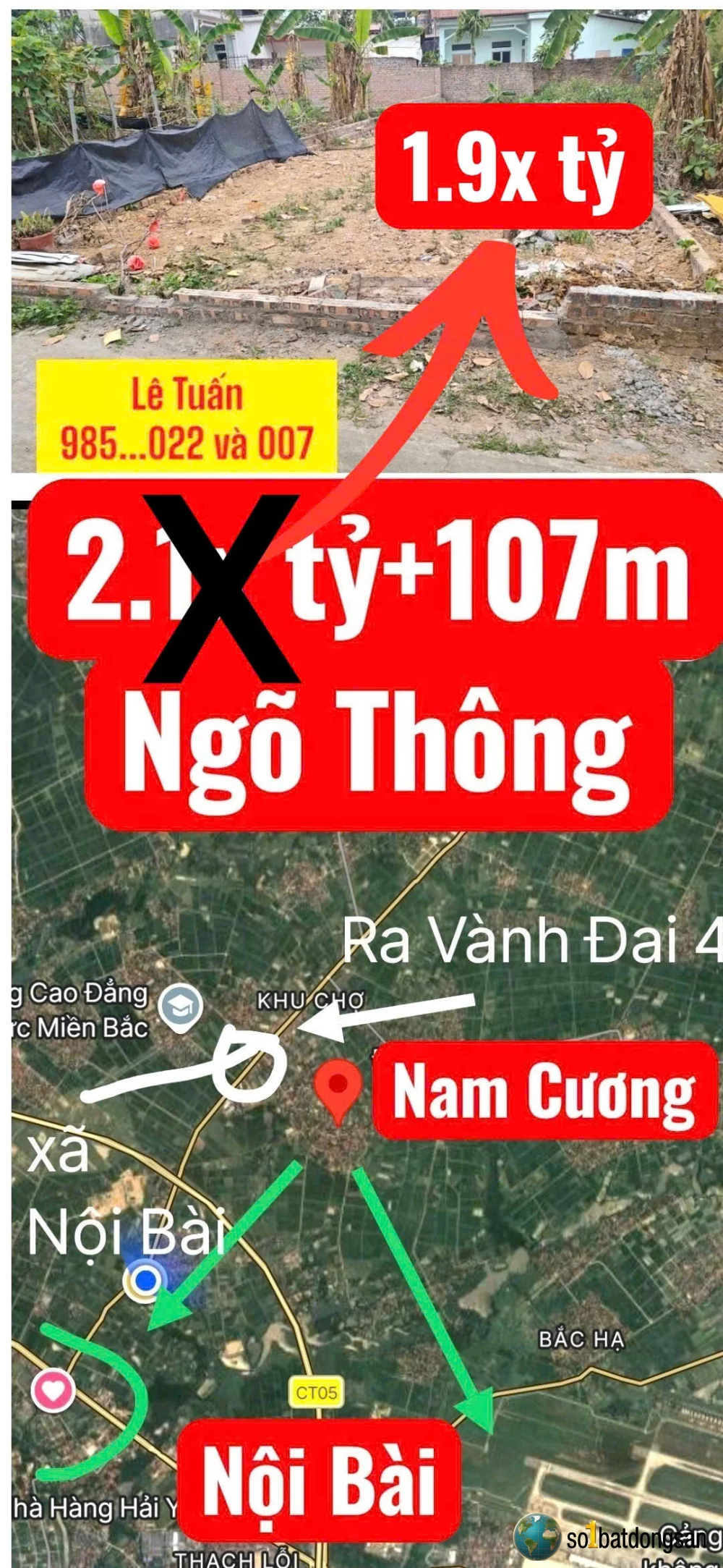 1.9x tỷ Lô 95m đường thông đất Nam Cương, Nội Bài 10 phút ra sân bay và UB xã
