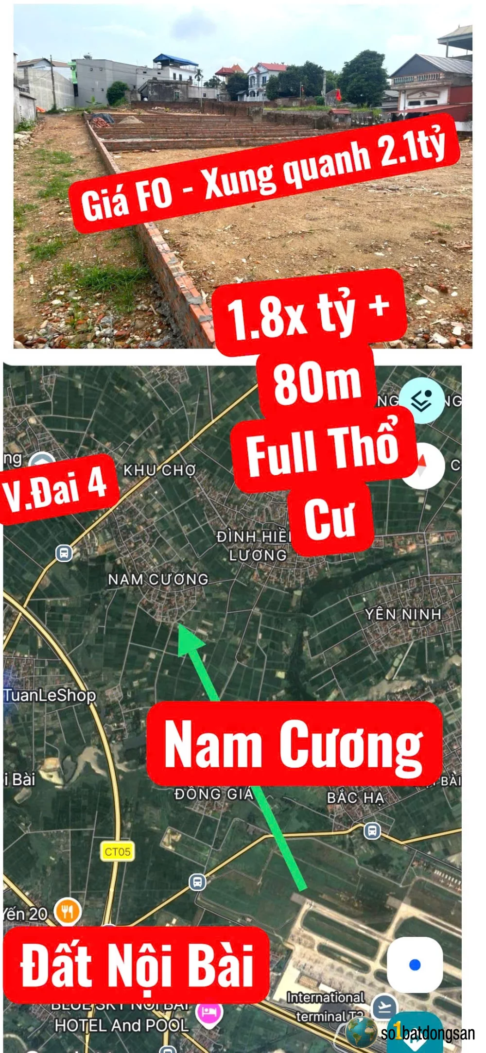1.8x tỷ lô đất Full thổ cư 80m, mặt tiền 5m giá cả khu này không có, cách Sân Bay Nội Bài 10 phút