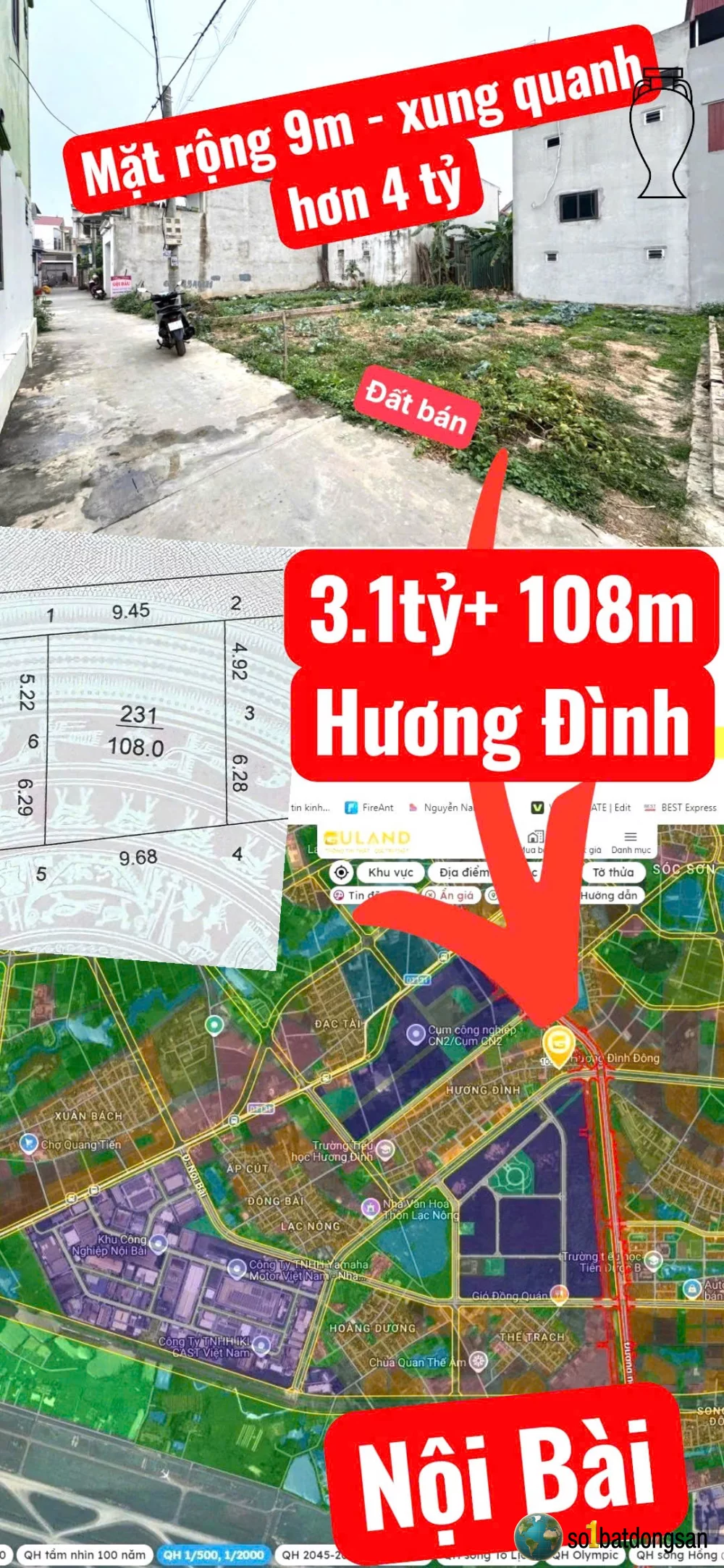 3.1x tỷ lô đất 108m Mặt tiền hơn 9m Hương Đình Đông, giữa 3 KCN và gần KDT vệ tinh Sóc Sơn