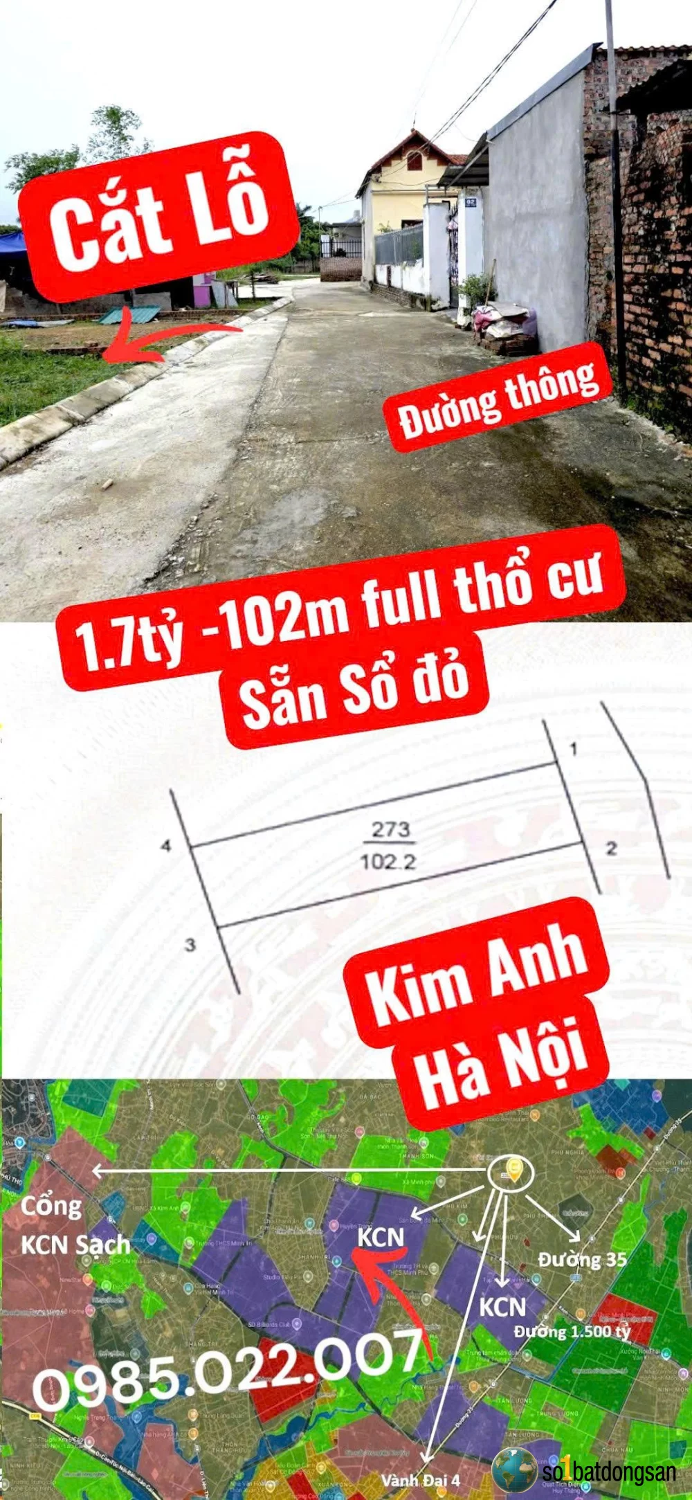1.7x tỷ 102m Full thổ cư, Kim Anh, Hà Nội đường thông, gần đường 1.500ty, Đường tỉnh 35 và Trường Học