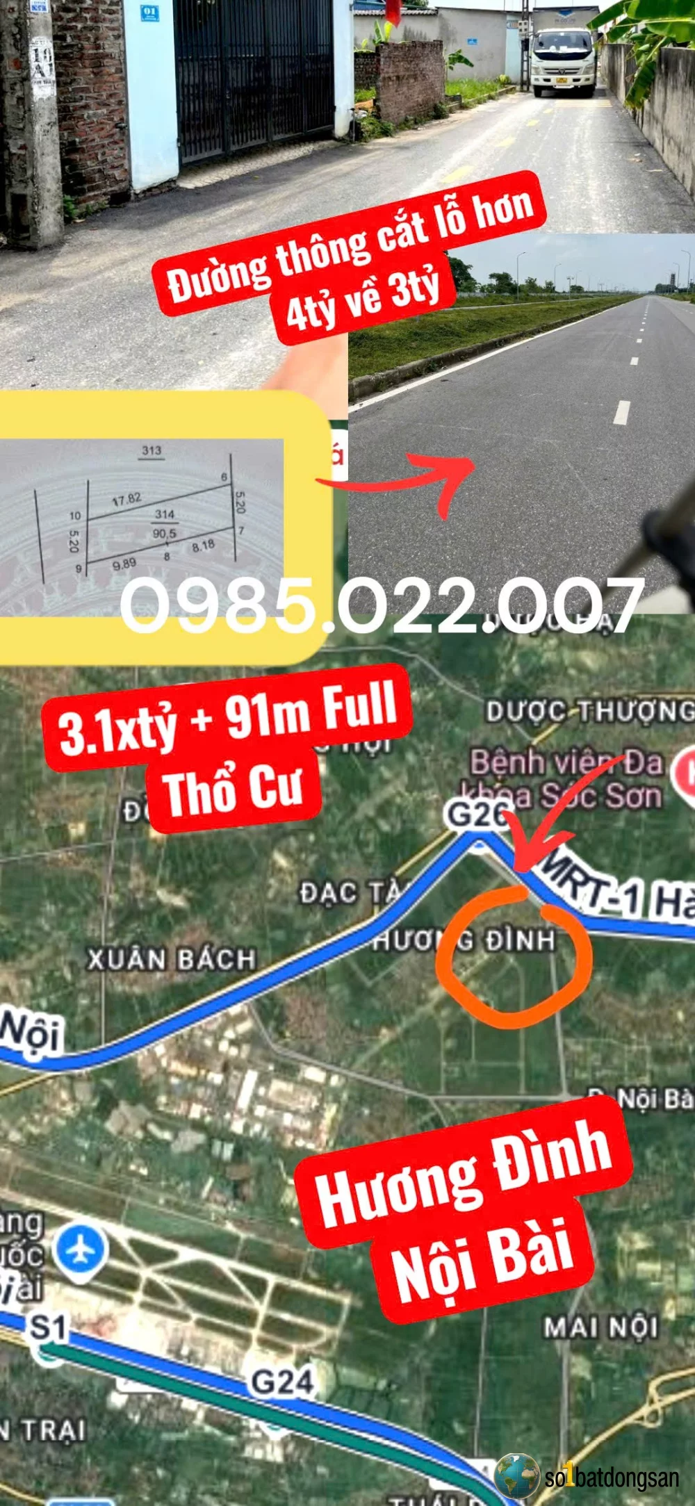3.1x tỷ 91m full thổ cư Hương Đình, Nội Bài cắt lỗ từ hơn gần ga Metro, KDT Vệ Tinh Sóc Sơn, 3 KCN Nội Bài