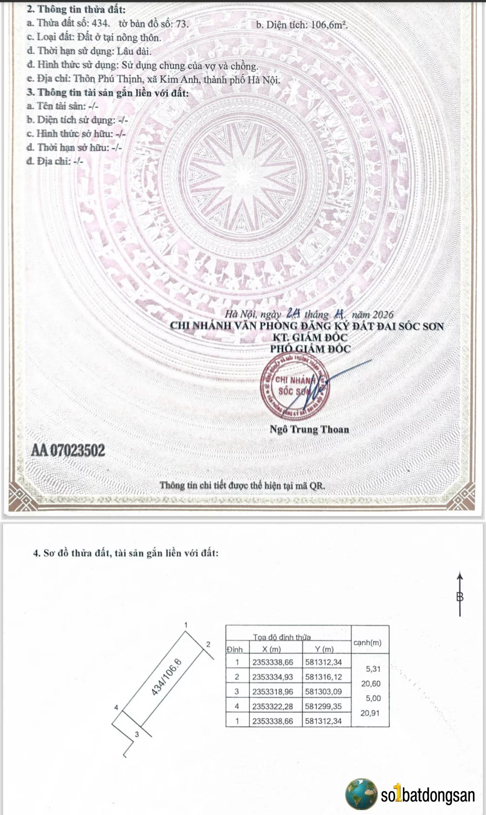 Chính chủ bán lô đất 106,6m Kim Anh Sóc Sơn giá đầu tư