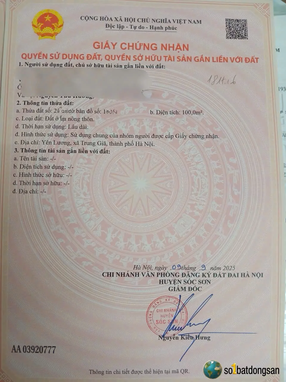 bán 100m2 full thổ cư,nằm trên trục chính đầu làng Yên Lương-TRung Giã-HN.cách TL35 300m,giá đầu tư cho ace