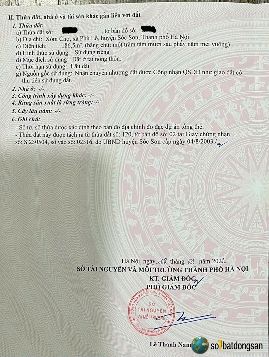 Chính chủ nhờ bán mảnh đất đẹp Xóm Chợ , Phù Lỗ , Sóc Sơn . DT : 186,5m fun thổ cư . MT : 4,20m . Hậu : 6,87m .