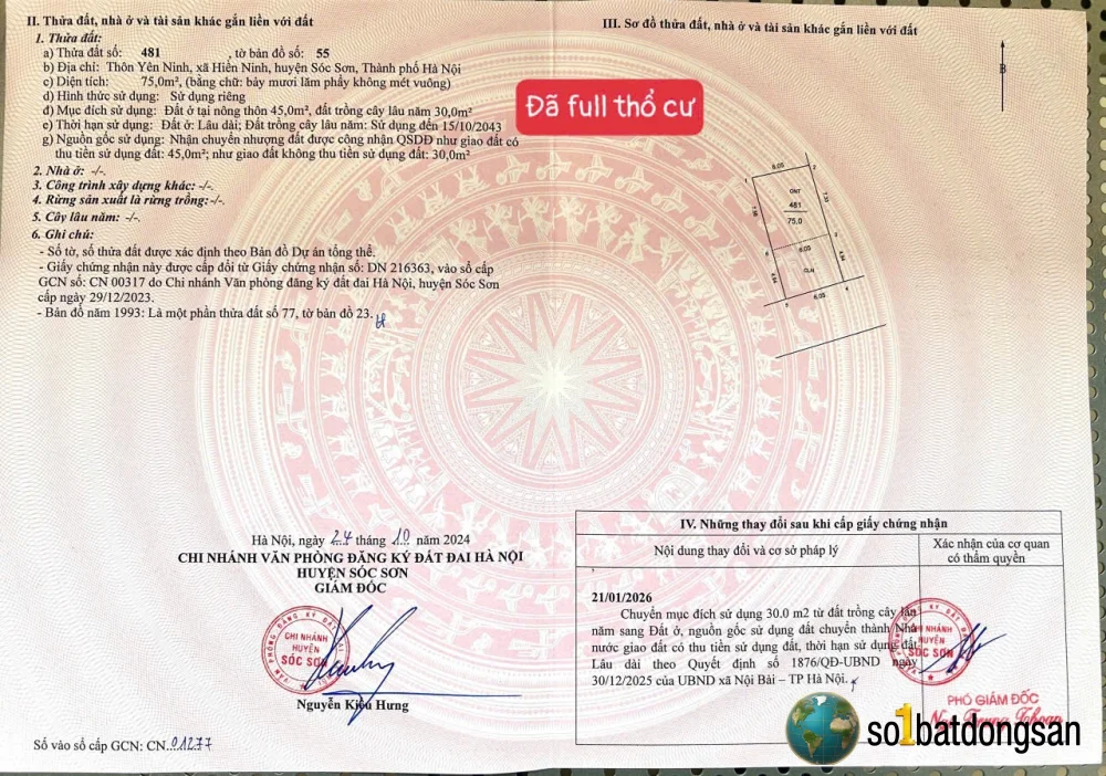 75m full thổ cư, nhỉnh 2🧄  mặt 💵 6m đường thông oto , Yên Ninh Nội Bài