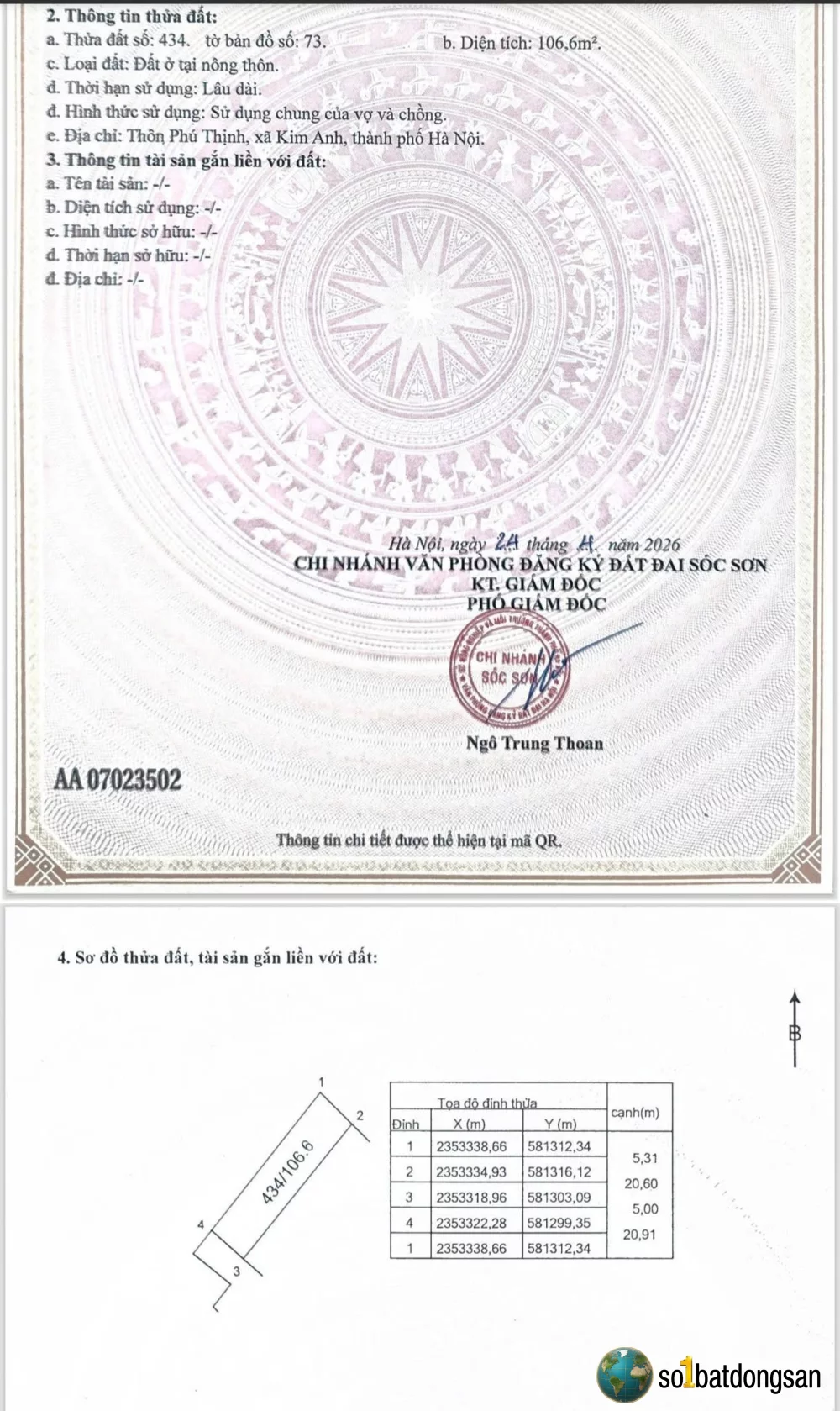 Còn duy nhất 1 lô dt 106,6m Phú Thịnh xã Kim Anh Hà Nội giá êm nhất thời đại