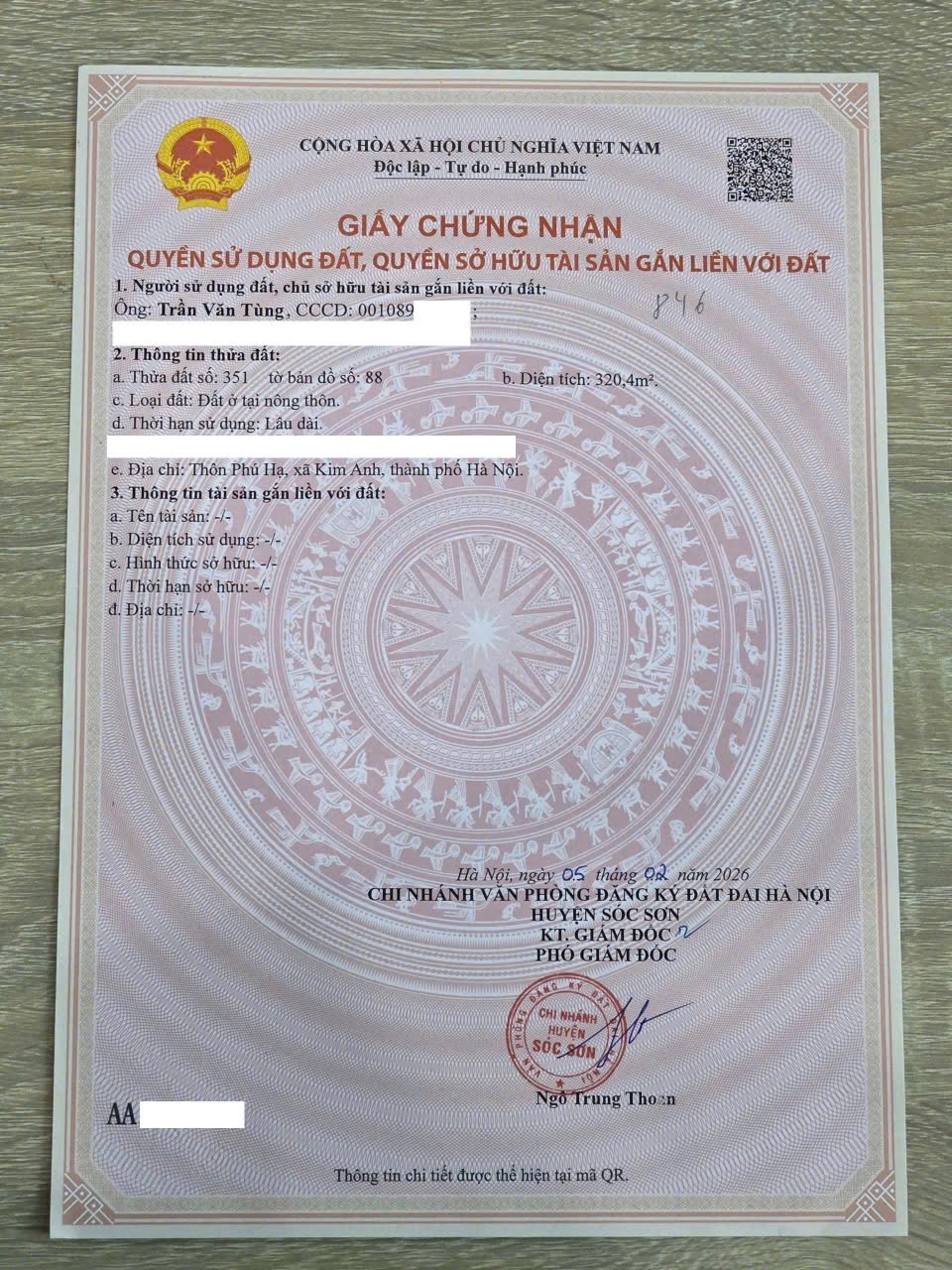 Dt 106m phú hạ full thổ cư ôtô vào đất giá 15,5tr/m mt 5,2m= hậu Zalo em ạ 0358674444