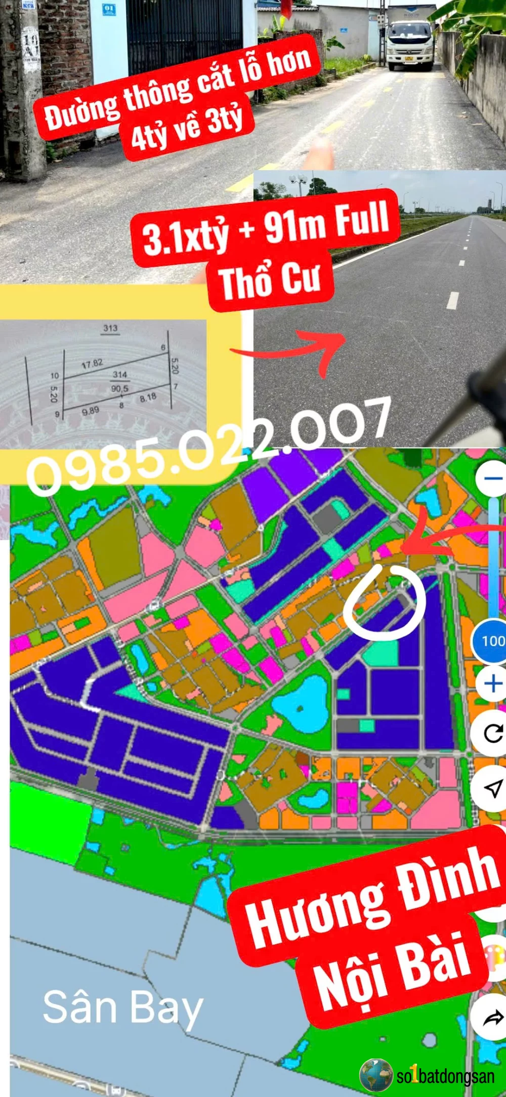 3.1x tỷ 91m full thổ cư Hương Đình, Nội Bài cắt lỗ từ hơn gần ga Metro, KDT Vệ Tinh Sóc Sơn, 3 KCN Nội Bài