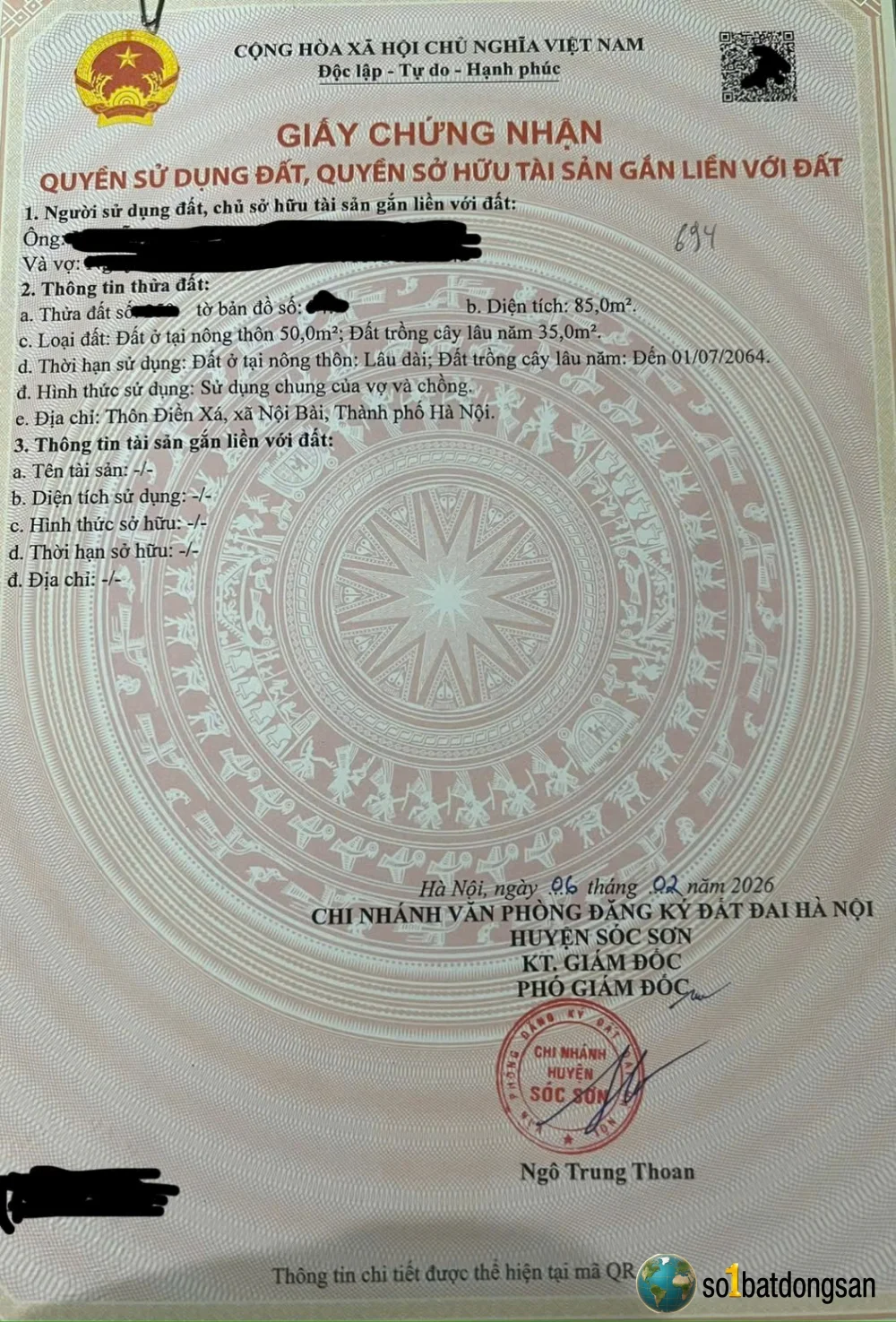 Chính chủ nhờ bán mảnh đất đẹp Điền Xá , Nội Bài .  DT : 169m , có 100m thổ cư . MT: 6,93m ( bán cả 2 sổ không bán lẻ ). Đc : Điền Xá , Nội Bài , Hà Nội.