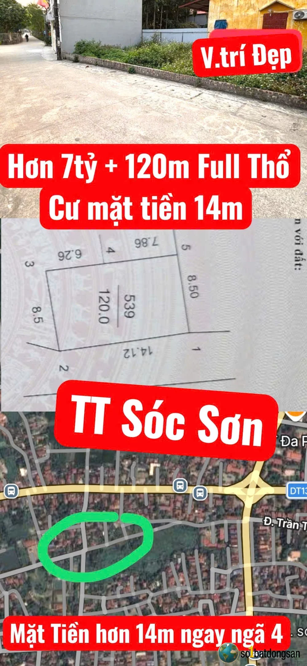 7.1x tỷ lô đất TT Sóc Sơn,  Dược Thượng 120m full thổ cư mặt tiền rất rộng 14m Rất Hiếm