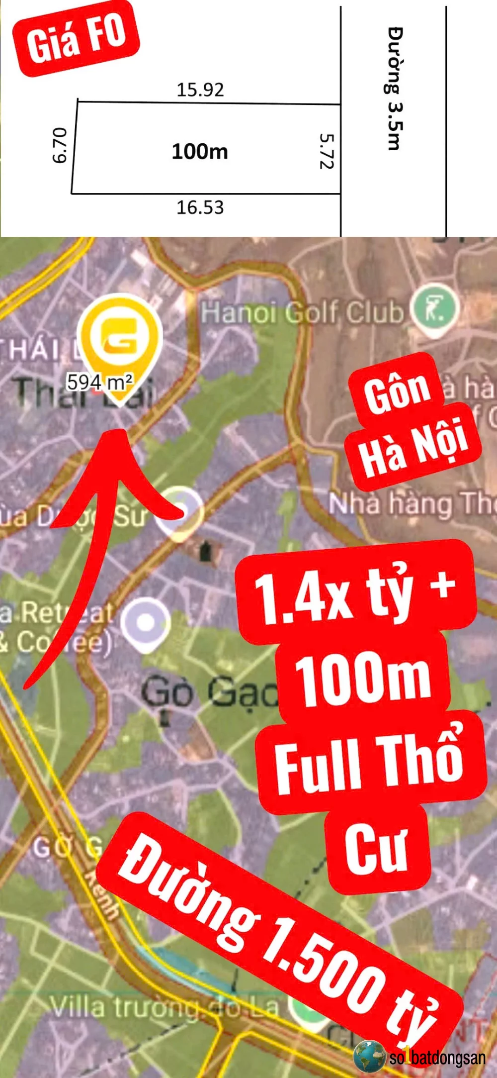 1.4x tỷ lô đất 100m full thổ cư Thái Lai,  gần Sân Gôn HN, đường 1.500 tỷ và hồ Đồng Đò