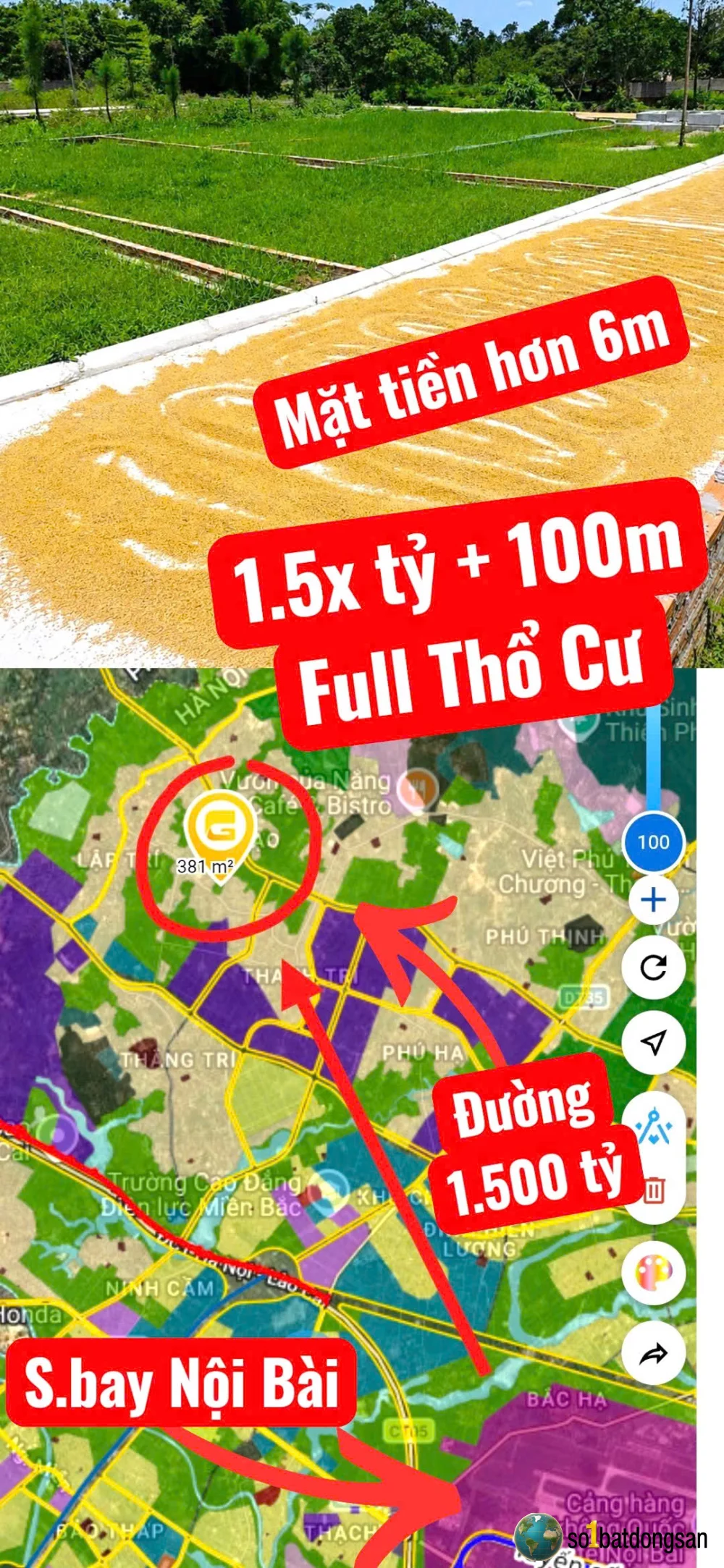 1.6 tỷ lô đất 100m full thổ cư mặt tiền 6.3m vuông đẹp Vụ Bản , Kim Anh gần đường 1.500 tỷ và KCN , chợ