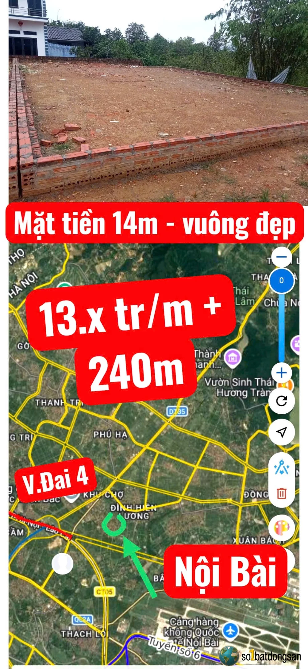 Giá hơn 13tr/m  có ngay 240m đất Nội Bài, Nam Cương cách sân bay và UB xã 10phut xe chạy