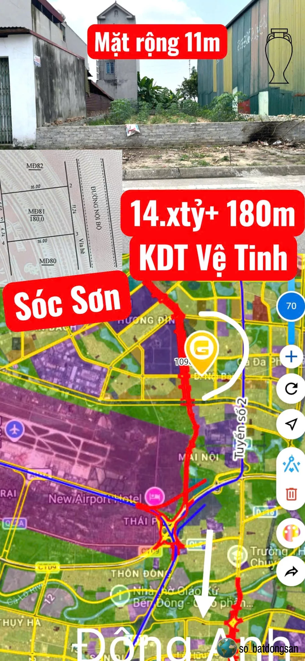 14.x tỷ lô 180m full thổ cư KDT vệ tinh Sóc SƠn, Đất vuông mặt tiền gần 11m gần 3 trường học và KCN