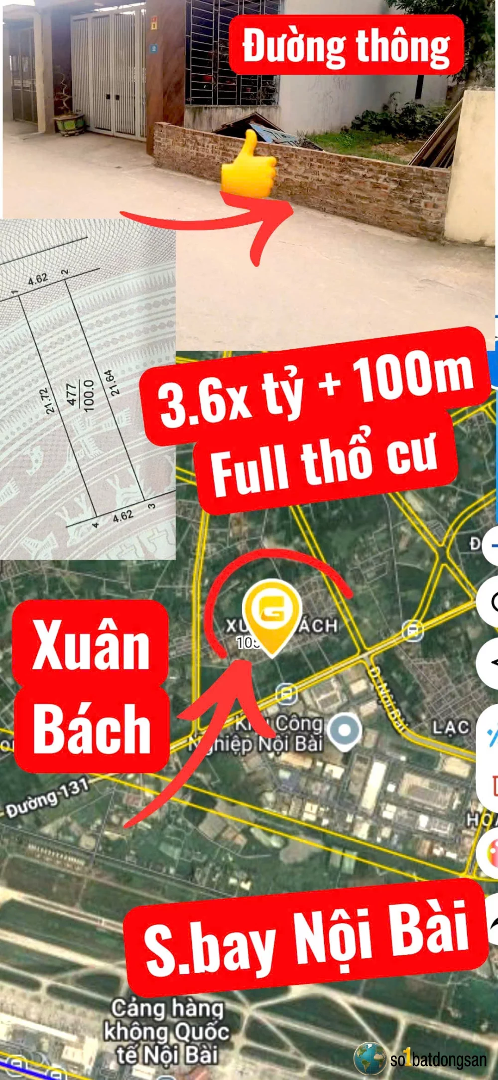 3.6x tỷ lô 100m full thổ Cư Xuân Bách dối diện KCN Nội Bài dân cư giàu có và sầm uất.