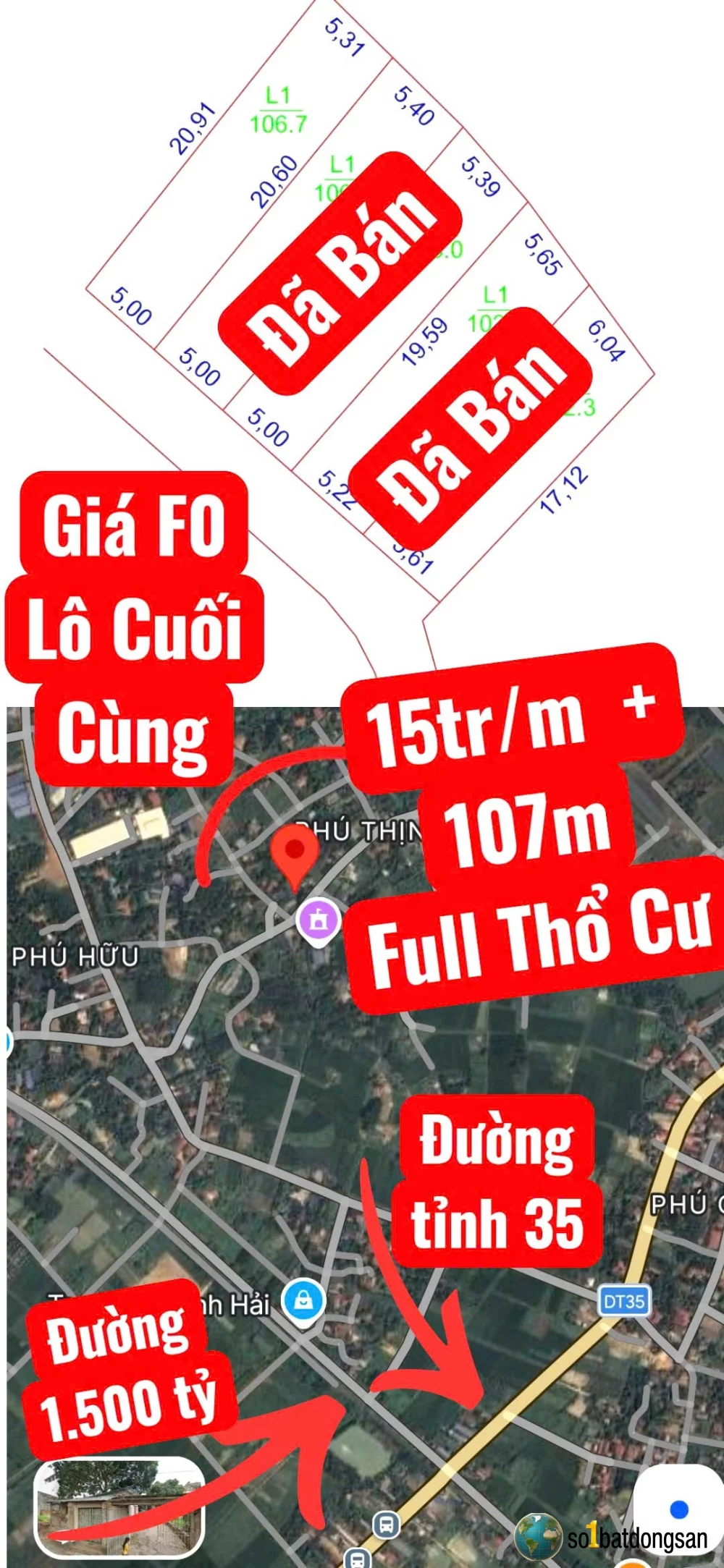 1.5x tỷ lô đất F0 gần 107m Full thổ cư 15m là ra đường Lơn, Phú Thịnh, Kim Anh, gần đường 1.500 tỷ Dân cư hiện hữu